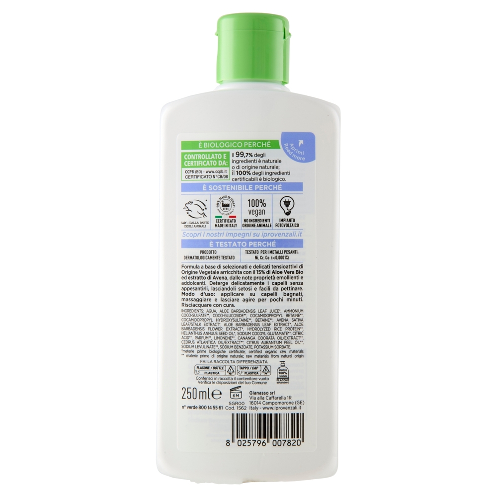 I Provenzali Bio Shampoo Biologico Aloe e Avena Emolliente Capelli Normali 250 ml